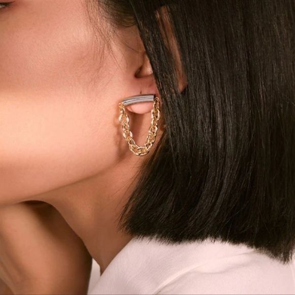 GOLD & SILVER PLATED STAINLESS STEEL GEOMETRIC CHAIN DANGLE DROP INDUSTRIAL EAR - Picture 11 of 14